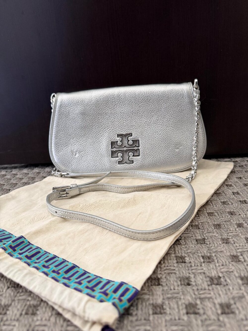 Tory Burch “Britten” / Double-T flap Crossbody Clutch - Silver